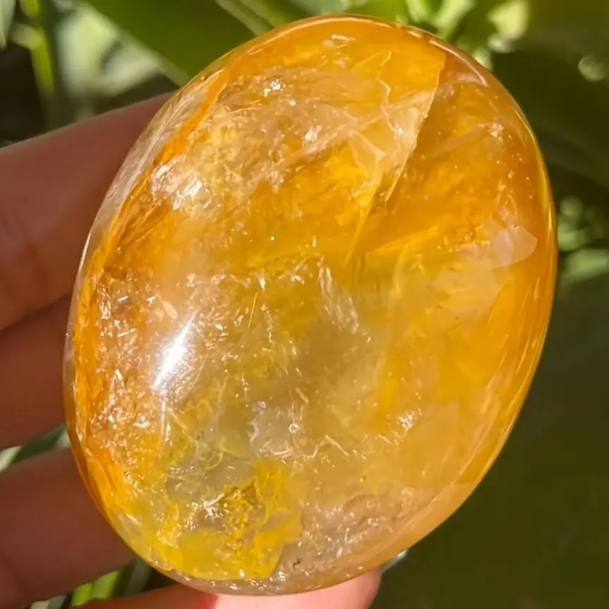 Natural Yellow Golden Healer Crystal Palm Stone, Smooth Pocket Stone Unique Pattern, Energy Spiritual Witchcraft Collection