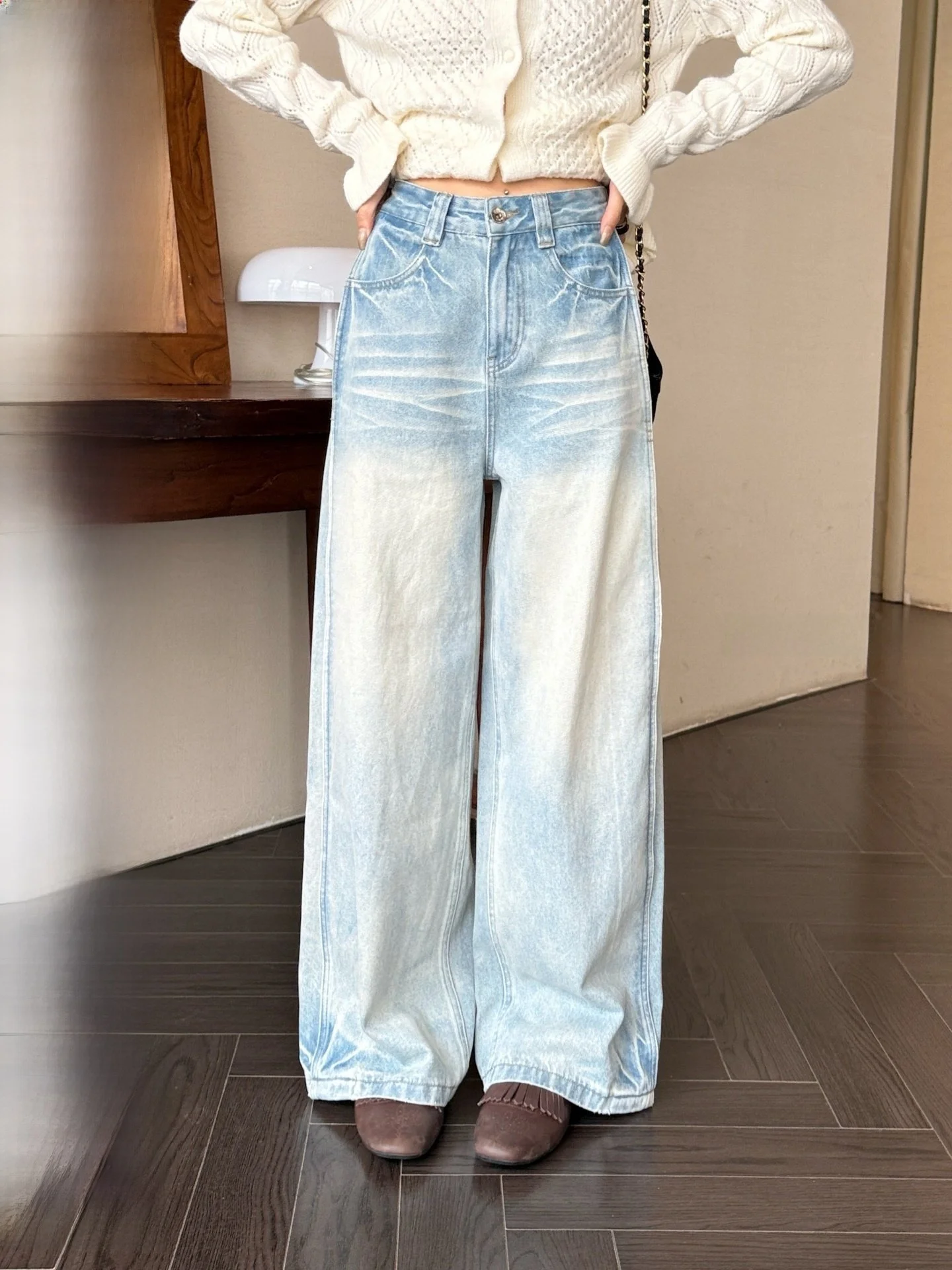 

Тяжелые потертые широкие джинсы, женские хлопковые свободные брюки с высокой талией, повседневные джинсовые брюки с водной талией, осенний сезон Faion