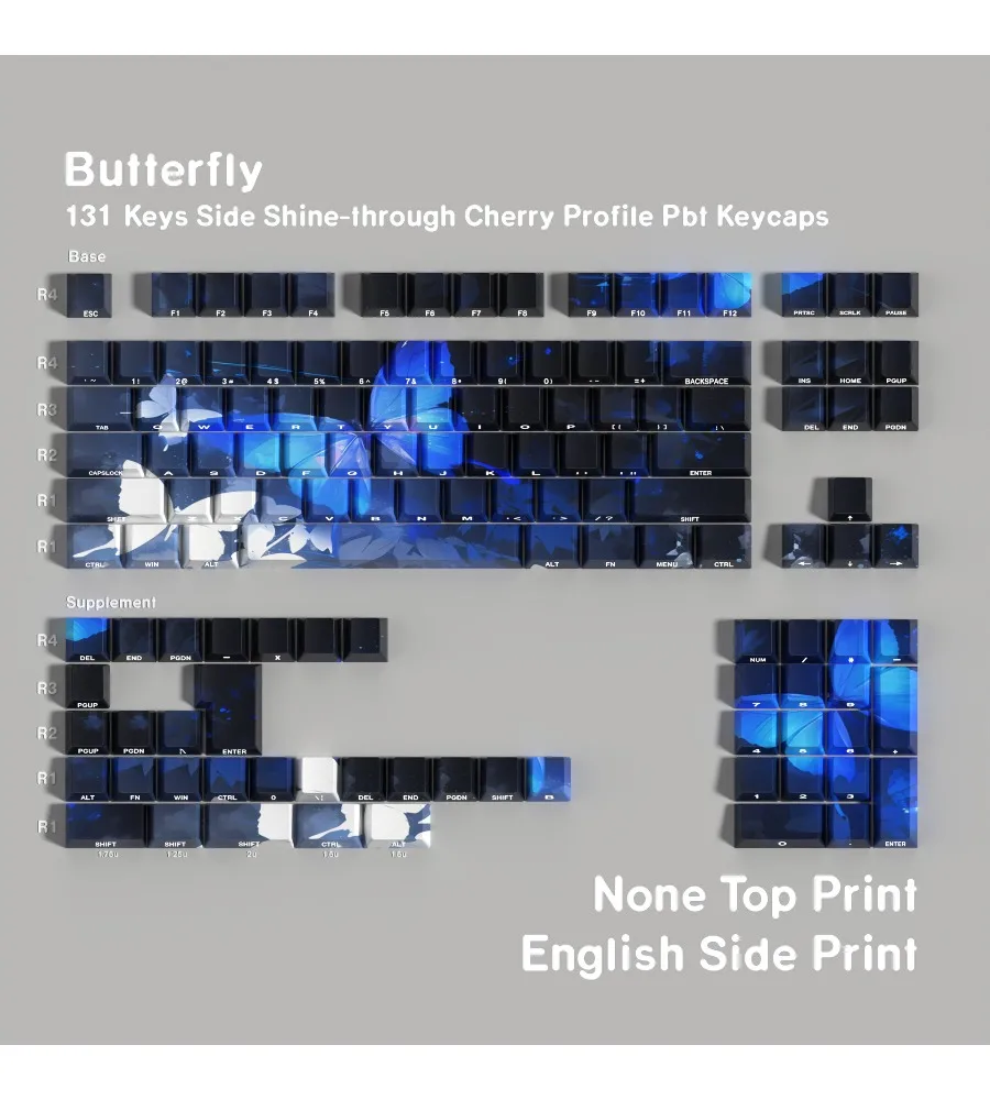 Butterfly double engraved light transmission Pbt original full set of keycaps French German Western Korean Russian European