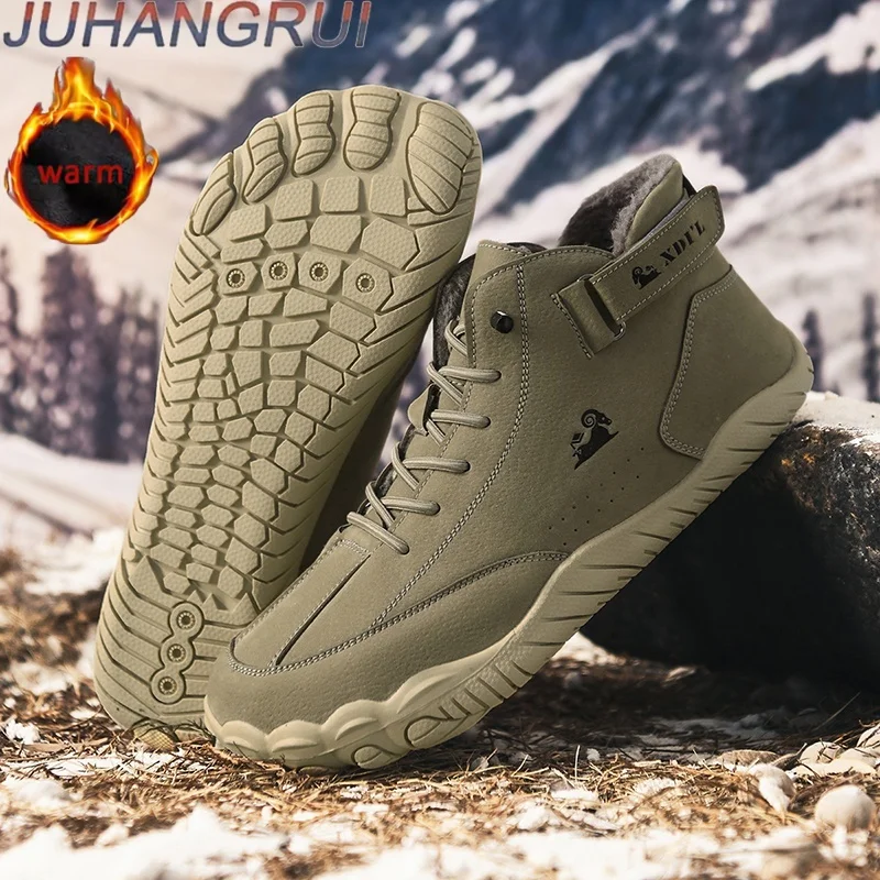 

Winter Waterproof Snow Boots Fleece Lined Mid-Cut Hiking Men's Outdoor Mountain Climbing Shoes Anti-Slip Five Finger Cotton Shoe
