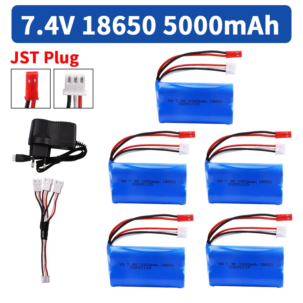 7.4V 5000mAh Lipo Battery and Charger For UD1601 UD1602 SG1603 SG1604 Rc Boats Tanks Drones Parts 7.4V 2S 18650 Battery JST plug