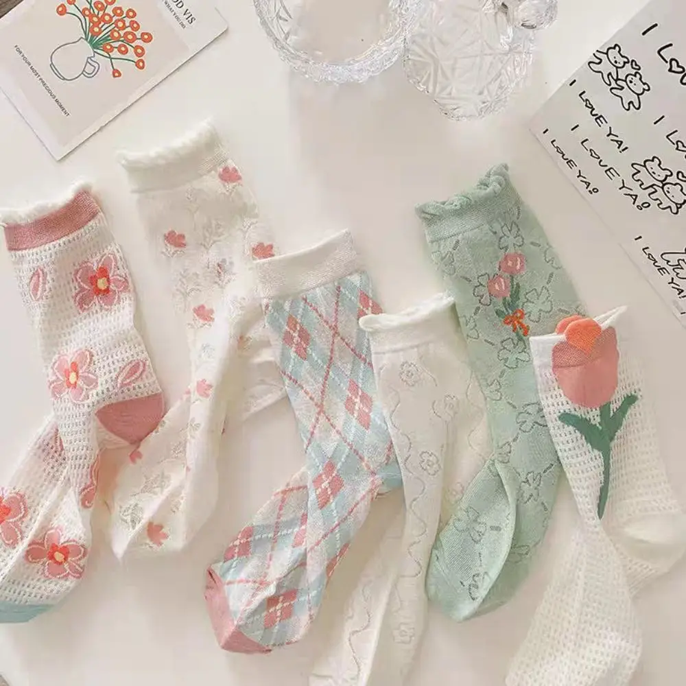 

6Pairs Mesh Hollow Transparent Flower Socks Breathable Ruffle Mid Tube Socks Female Hosiery Ultra-thin Sweet Socks Women Lady