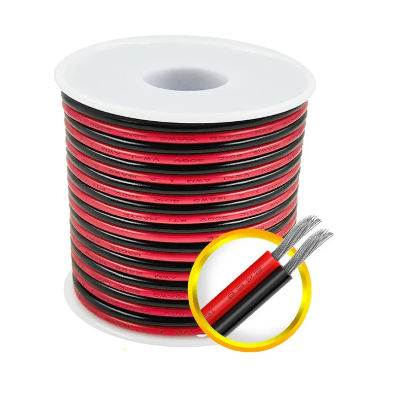 10M~50M 16 18 20 22 24 26 28 30AWG 2Pins Copper Wire DIY LED Lamp Connector Red & Black Flat Ribbon Cable 300V 80C