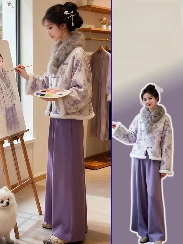 

plus Size Ele Print Collar Coat And Slimming Wide Leg Pants Two Piece Set Luxury Feel Cotton Winter Faion for Women