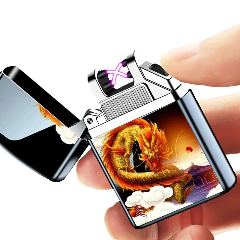 Electric Windproof Metal Lighter Double Arc Flameless Plasma Rechargeable USB Lighter LED Power Display Touch Sensor Lighters