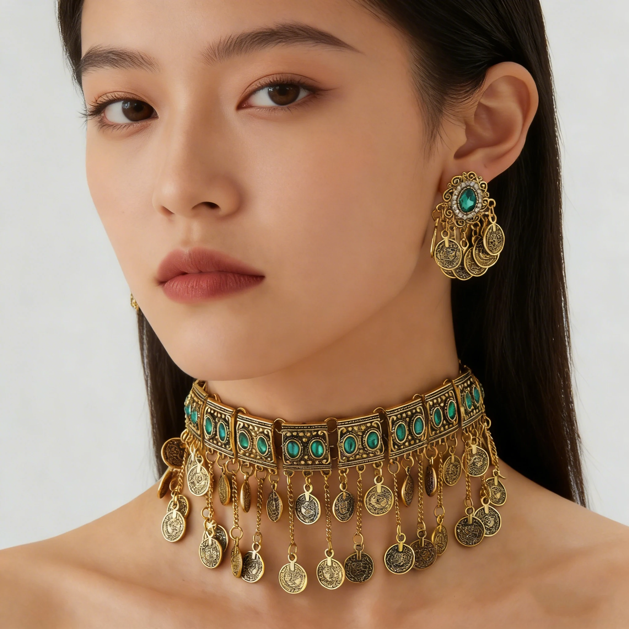 Boho Retro Münz-Quasten Statement-Halskette und Ohrringe für Frauen, Indischer Goldfarben-Collier, Kristall-Geometrischer Schmuck