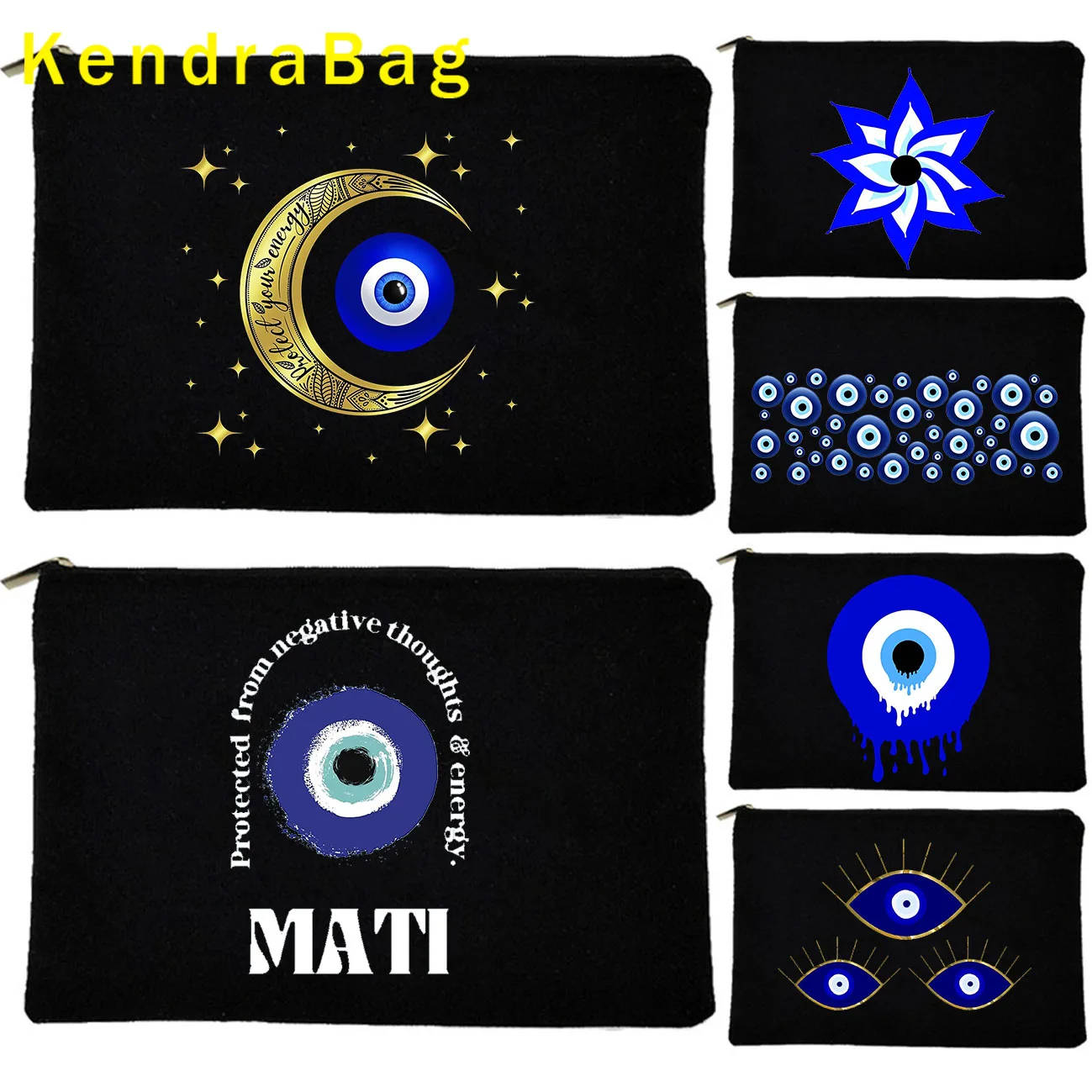 

Colorful Mati Blue Evil Eye Moon Mandala Flower Masallah Nazar Black Canvas Cosmetic Makeup Bag Pencil Case Pouch Key Coin Purse