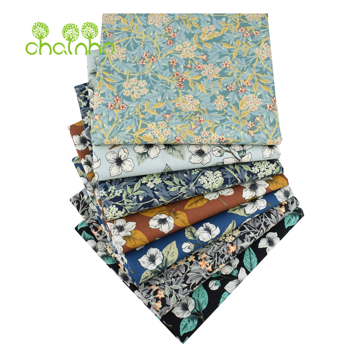 Chainho,Printed Plain Weave Poplin Cotton Fabric,DIY Quilting Sewing Material,Patchwork Cloth,Floral Series,2 Sizes,15PC204