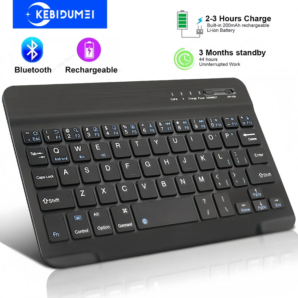 Teclado Bluetooth 5.1 KEBIDUMEI, Teclado Mini Portátil Recarregável, Teclado para Jogos em Russo/Inglês para Laptop e Tablet