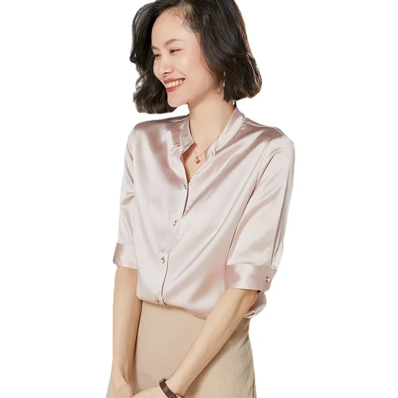 Fashion Stand Collar Solid Color Silk Shirt Women Spring 90% Mulberry Silk Shirts Mid-sleeve Slim Tops Casual Silk Blouse Zm2780