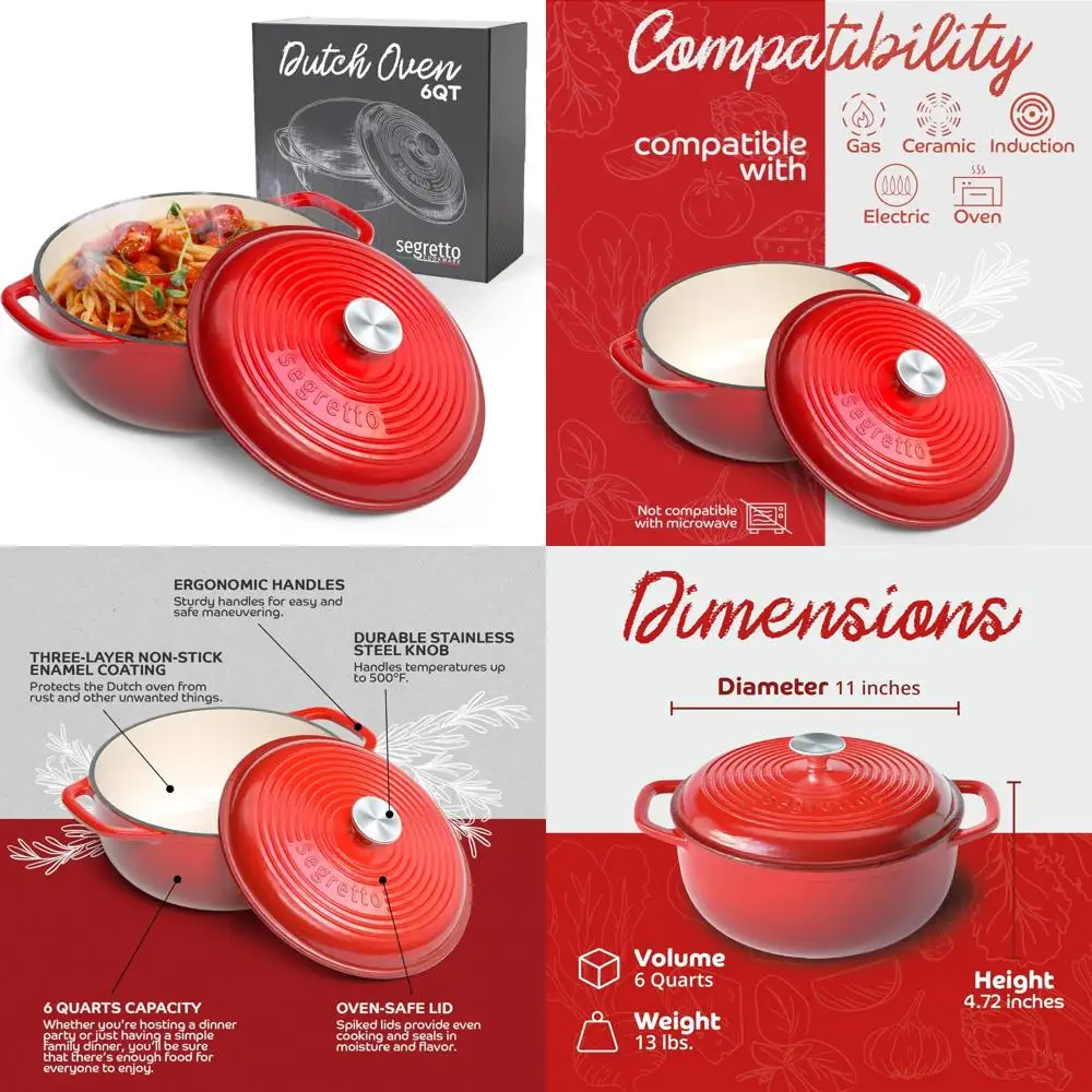 

Эмалированная чугунная голландская духовка, 6 литров, красный градиент, посуда с крышкой, большая вместимость, сохранение тепла, прочная кастрюля для приготовления пищи