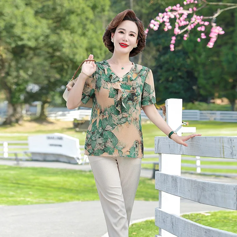 Summer 2 Piece Sets Woman Summer Chiffon printed Ruffled Blouses Tops and  Cotton and linen capri pants Woman Suit