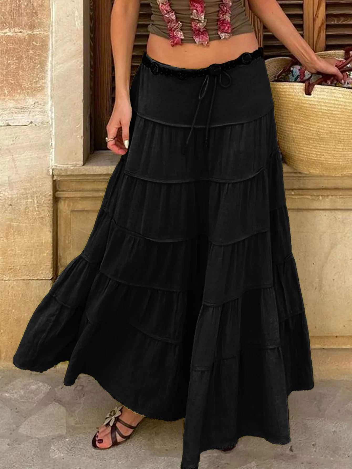 ฤดูใบไม้ร่วงแฟชั่นผู้หญิงหลวมกระโปรงยาววินเทจสูงเอว Patchwork สีขาวสีดําเก๋ยาวเค้ก A-Line กระโปรง