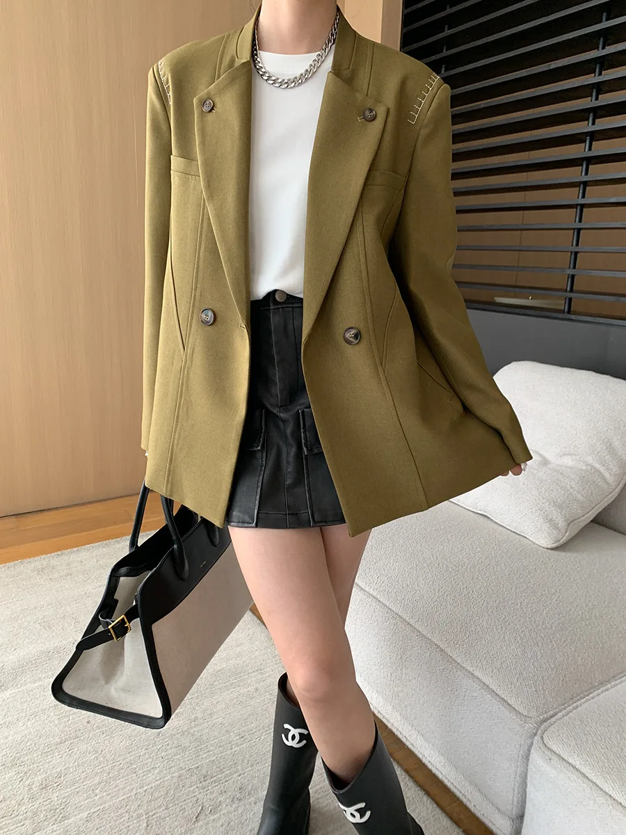 

Spring and Autumn Women's Casual Solid Color Double breasted Loose Jacket