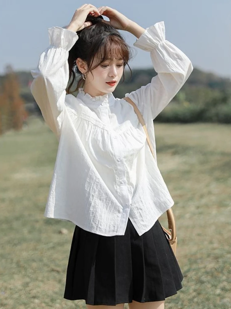 2026 Spring Women's Ruffle Collar Long Sleeve Top with Pleated A-Line Mini Skirt Sweet Japanese Style Set