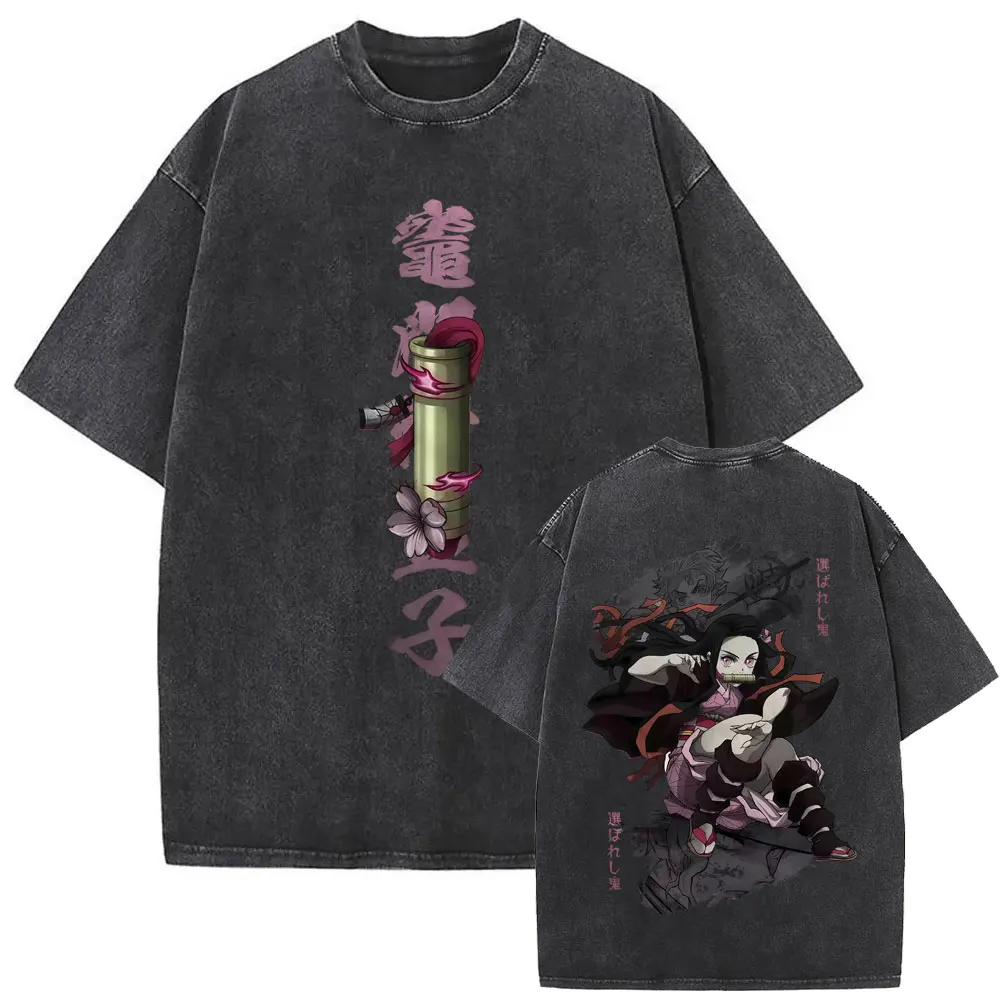 

Vintage Washed Anime Demon Slayer Kamado Nezuko Graphic T Shirts Men Women Clothing Fashion Oversized T-shirts Unisex Streetwear