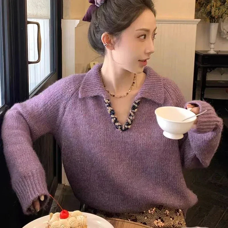 

French Style Purple V Neck Knit Sweater Women Autumn New Sweet Loose Lazy Pullovers Casual Soft Long Sleeve Female Jumpers