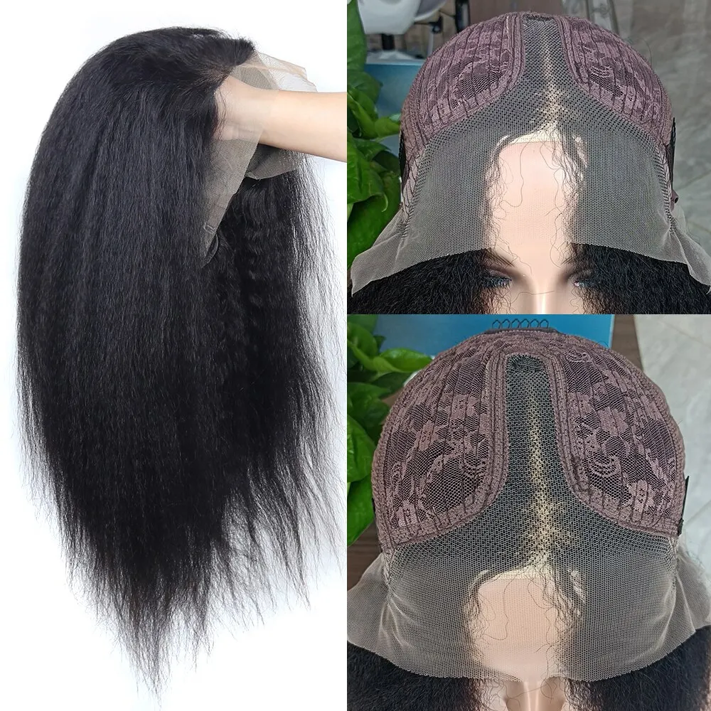 Long Kinky Straight Human Hair Wig 13x4x1 T Part Yaki Lace Wig With Baby Hair Heat Resistant Middle Part Wig Natural For Women