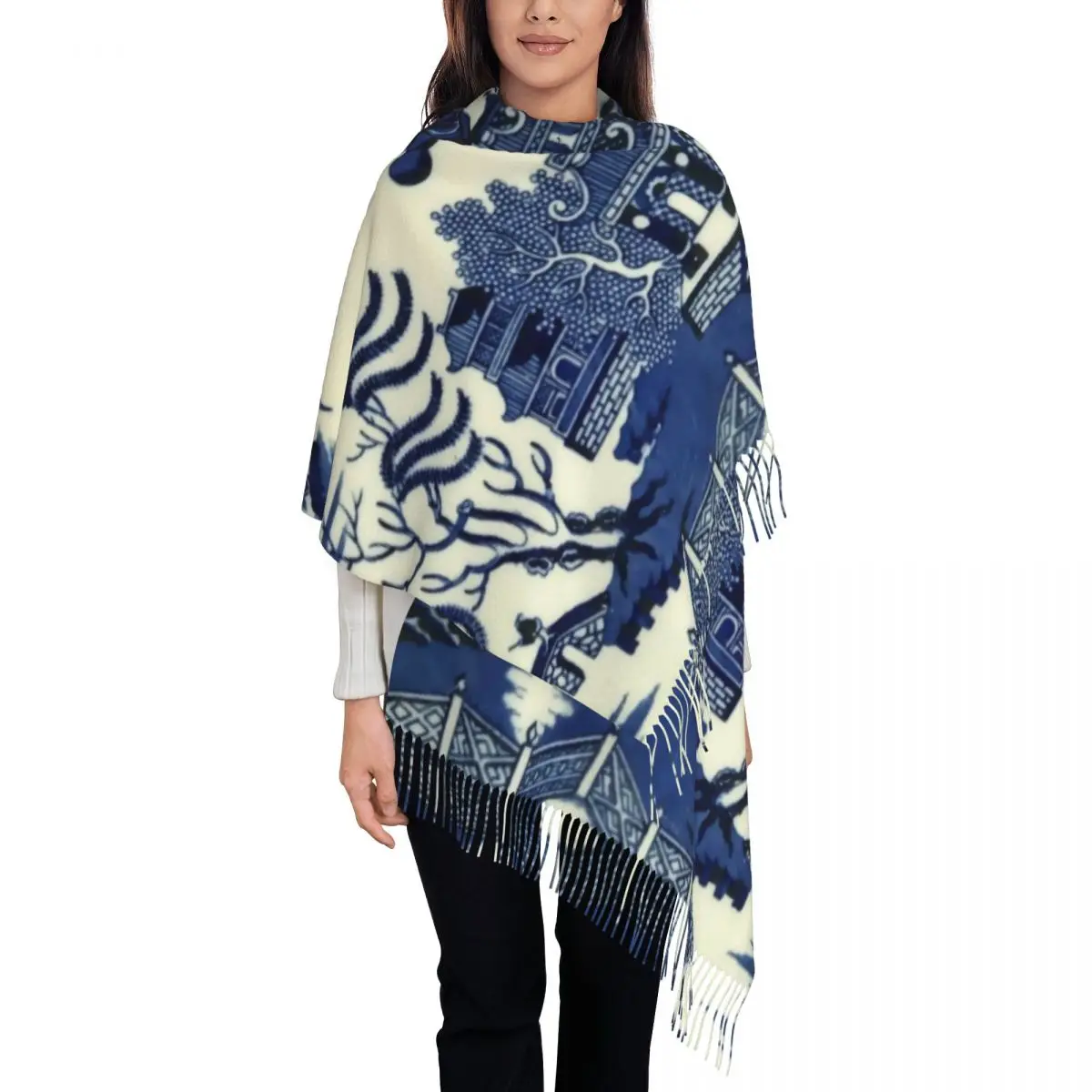 Custom Print Antique Willow Ware Oriental Toile Scarf Men Women Winter Warm Scarves Blue Delft Chinoiserie Pagoda Shawl Wrap