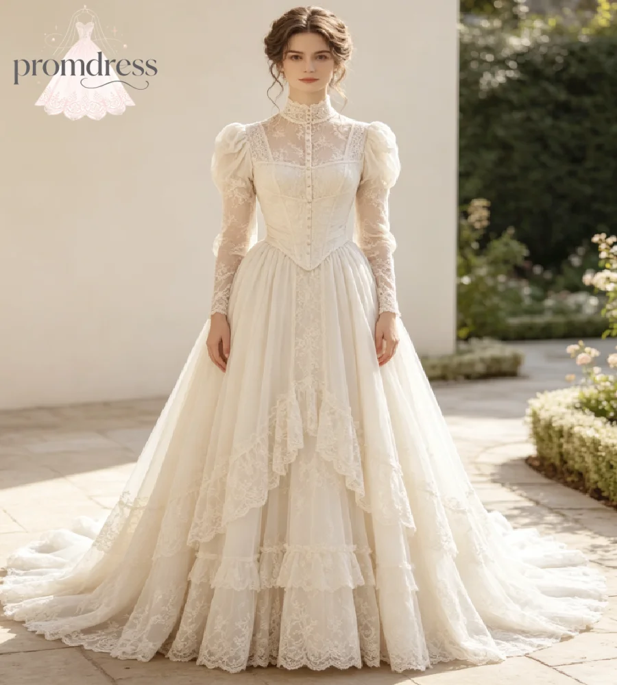 Ivory Edwardian Vintage Wedding Dress High Neck Lace Puff Long Sleeve Corset Bodice Tiered Ruffle Lace Boho Bridal Gowns 2027