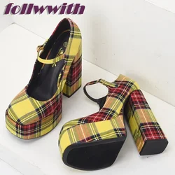 Yellow Plaid Gingham Square Heel Pumps Platform Super High Autumn  Fashion Modern 2026 Hot Sale New Arrival Shoes