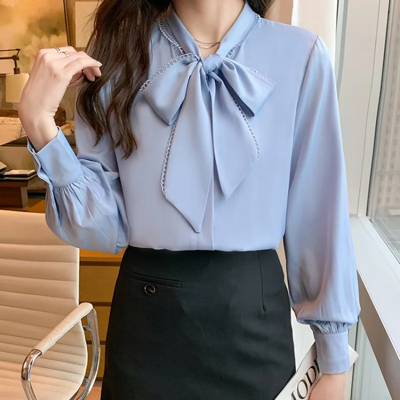 2024 Spring Loose Korean Tops Fashion Autumn Chiffon Blouse Bow Blue Long Sleeve Shirt White Office Lady Clothes Blusas 10691