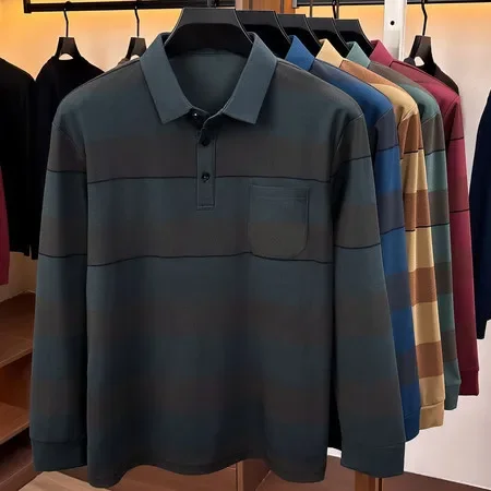 Daily Commute Polo Shirt Men Long Sleeve Lapel Neck Horizontal Stripes Soft Fabric Minimal Fashion Basic Outer Garment
