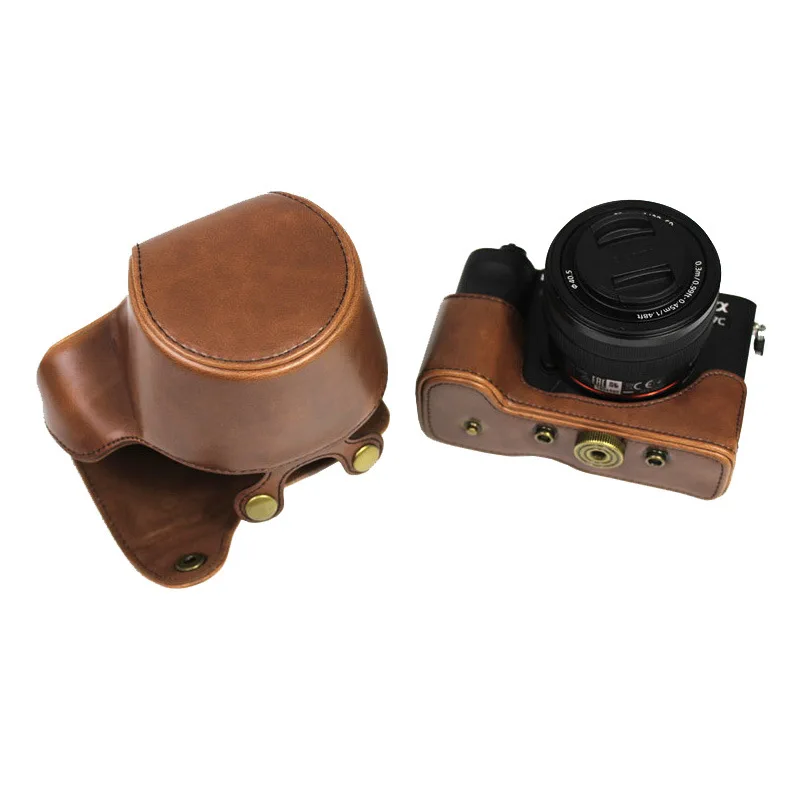 Camera Video Bag PU Leather Case Full Body Cover Protector for Sony Alpha 7C A7C ILCE-7C 28-60mm Lens Protective Shell + Strap
