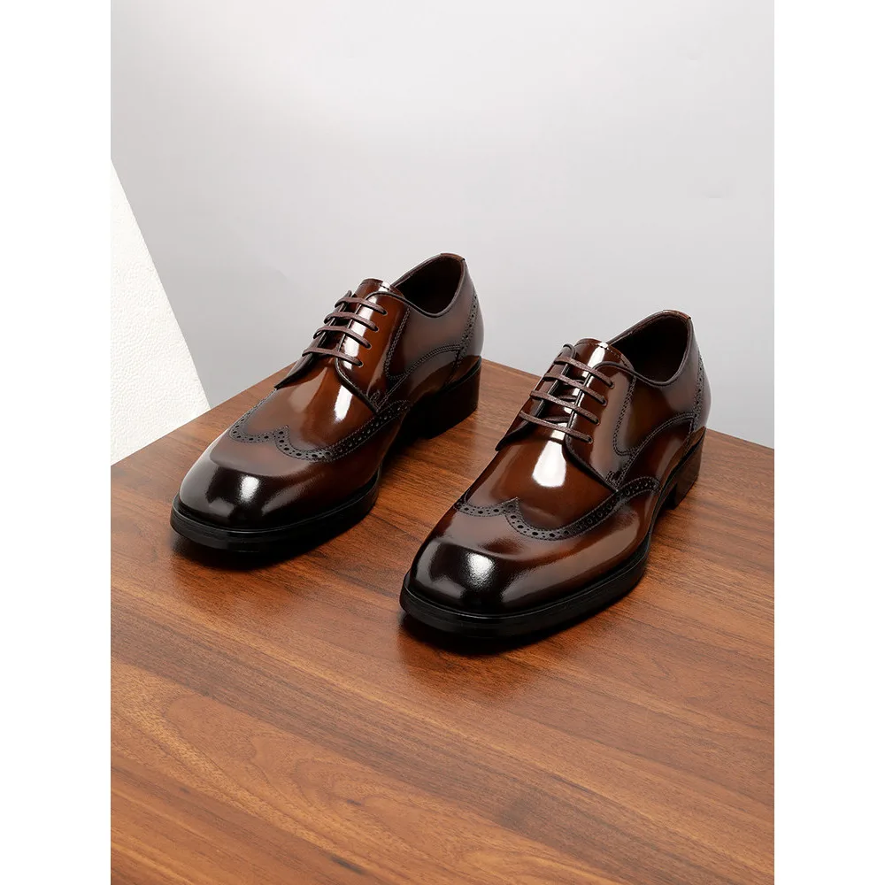 Premium Sense Brogue Derby Shoes Genuine Leather Square Toe Shiny Formal Business Dress Shoes for Commute