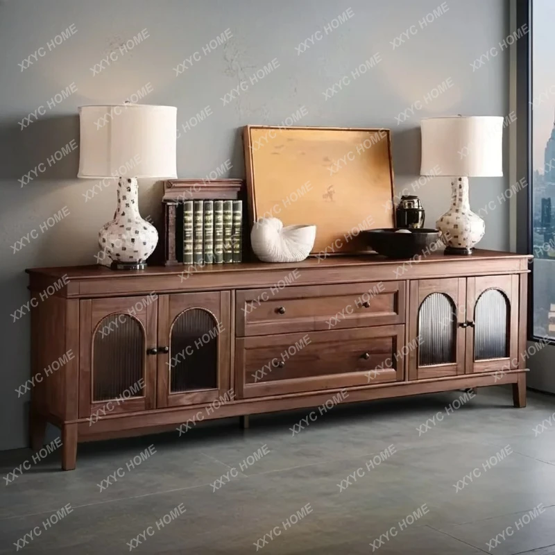 

Ретро-тумба под телевизор из цельного дерева, черный орех, шкаф для хранения аудио-видео техники, тумба под ТВ из кованого железа