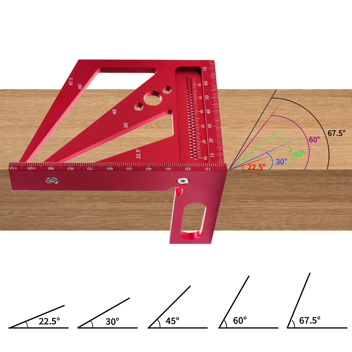 Aluminum Alloy Square Ruler Protractor 22.5/30/45/60/67.5/90 Degree Multi-Angle 3D Measuring Ruler Layout Tool for Carpenter