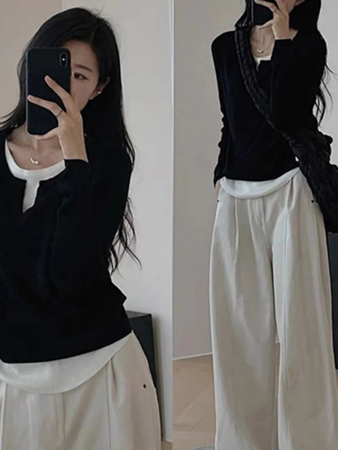 Korean Style Women's High Neck Long Sleeve T-Shirt Chic Base Layer Shirt V-Neck Fake Two-Piece Early Autumn Fashion Ladies' Top