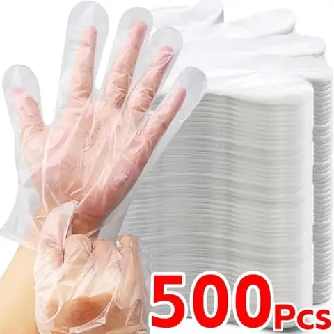 500/100Pcs 식품 학년 일회용 장갑 투명 방수 장갑 주방 레스토랑 프라이드 치킨 바베큐 일회용 식기