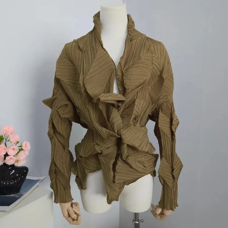Miyake Pleated Niche Irregular Pleated Jacket Spring Summer New Unique Chic Outerwear Long Sleeve Solid Color Top for Women image 3