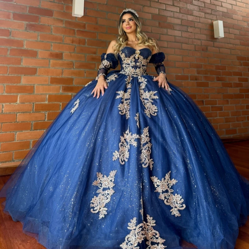 

Navy Blue Shiny Quinceanera Dresses Off The Shoulder Applique Lace Beads Bow Tull Party Birthday Sweet 16 Dress Vestidos 15 Anos