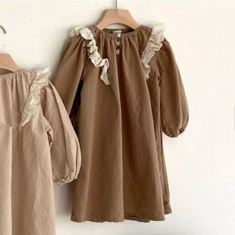 2026 New Autumn Toddler Girls Japan Korea Style Cotton Linen Lace Edge Long Sleeve A-Line Lovely Kids Princess Daily Dress