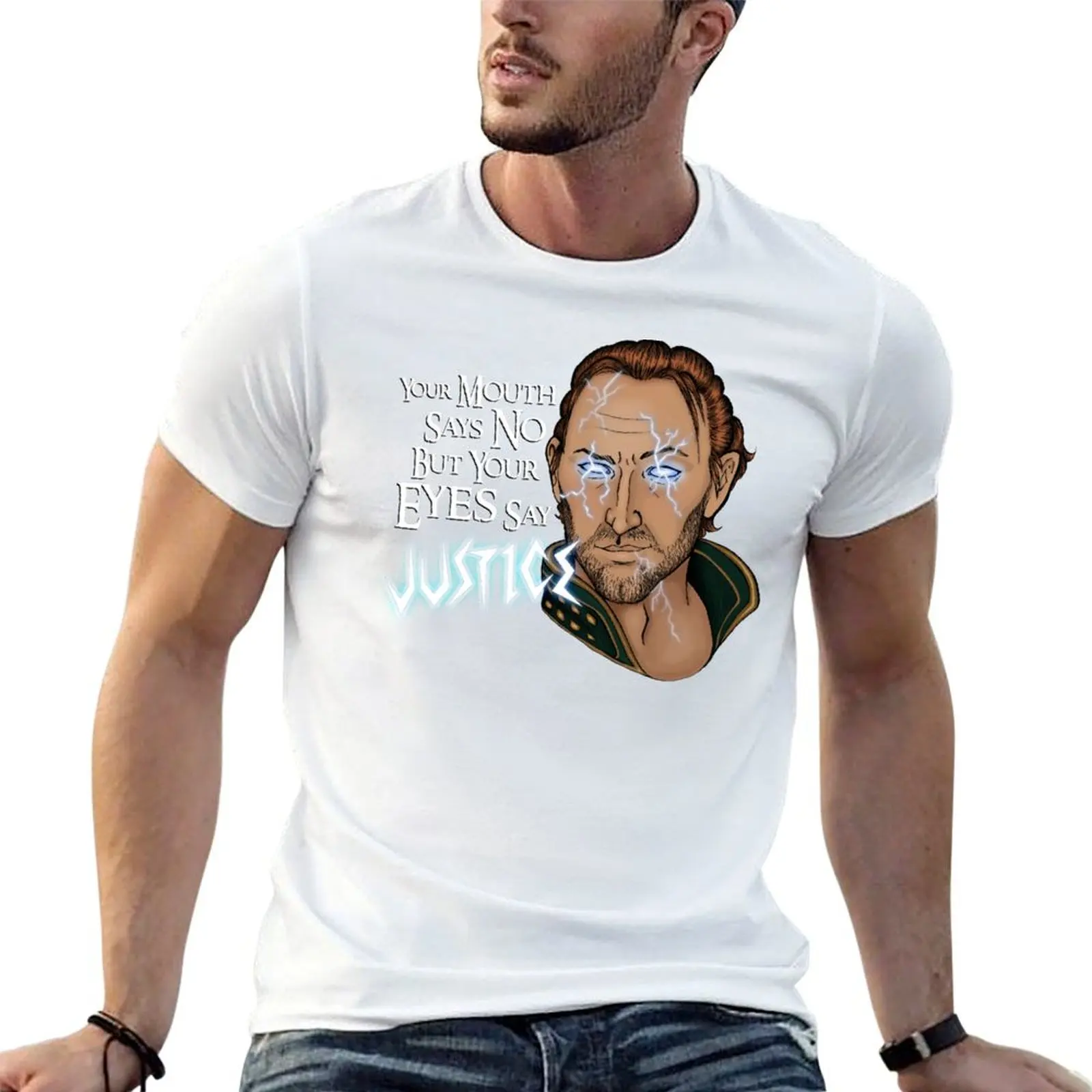 Votre bouche dit non, mais vos yeux disent JUSTICE T-Shirt, t-shirts graphiques pour homme, t-shirt de luxe pour homme, t-shirt graphique