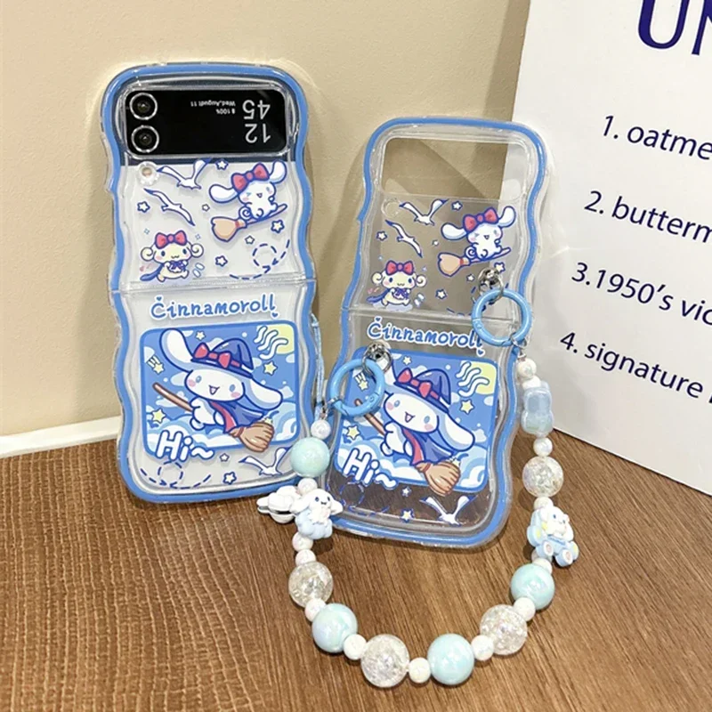 Cute Cartoon Cinnamoroll With Lanyard Phone Case for Samsung Galaxy Z Flip 3 4 5 5G PC Hard Anti-drop Back Cover Funda