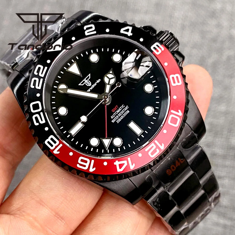 Tandorio GMT NH34A 40mm Business Black PVD 20Bar Automatic Watch for Men Sapphire Glass Rotating Bezel Date Display Screw Crown