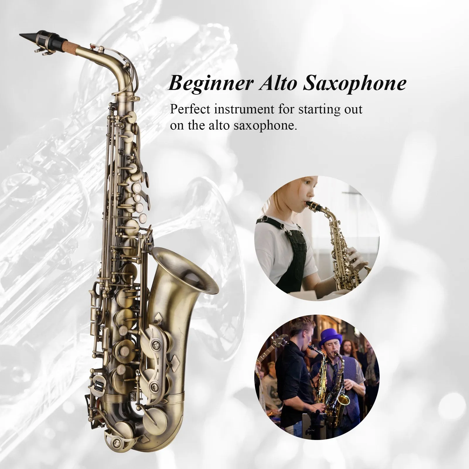 E-flat Alto Saxophone Vintage Style Eb Alto Sax Woodwind Instrument with Carrying Case Neck Backpack Straps Mouthpiece for Begin