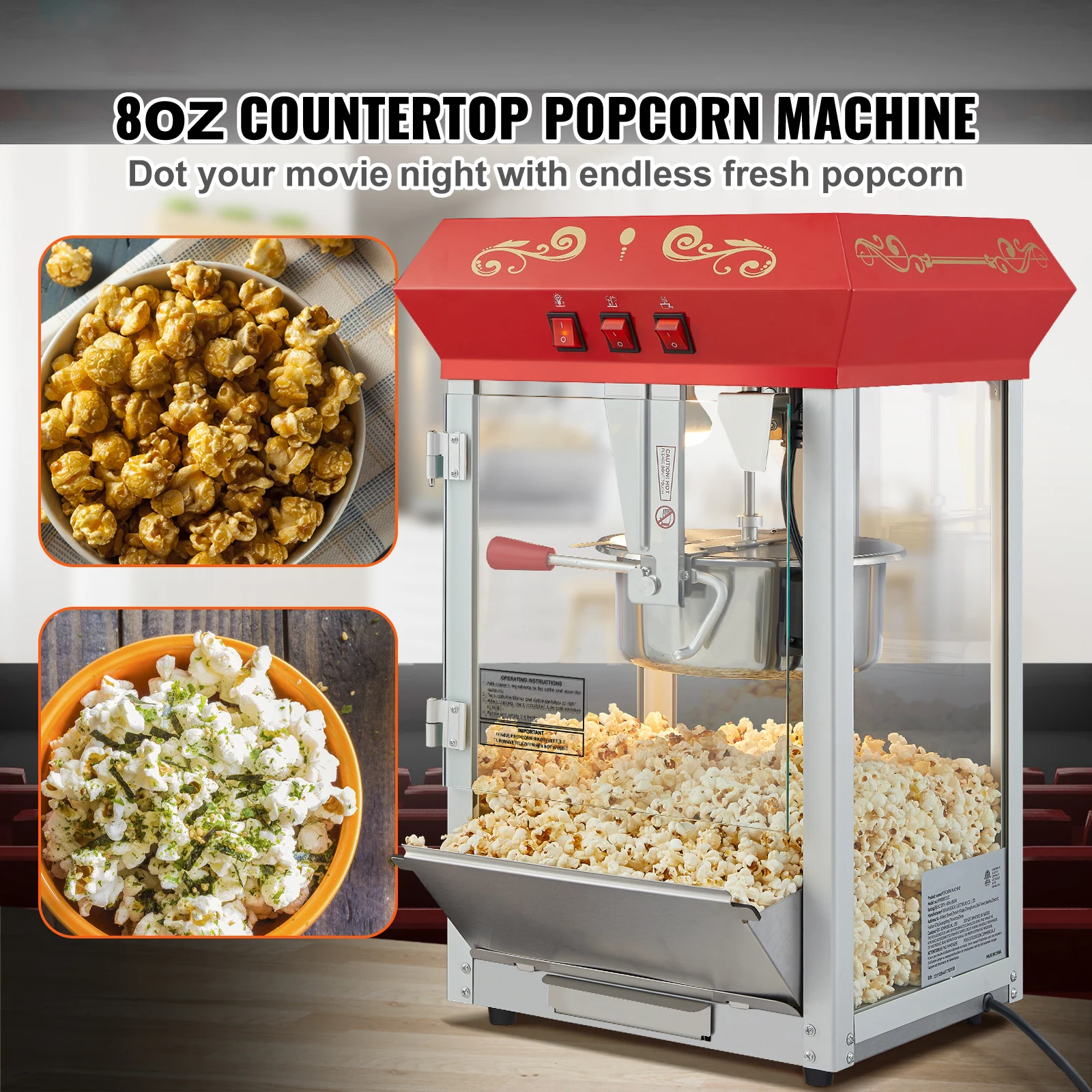 VEVOR 8/12Oz macchina per Popcorn elettrica macchina per Popper commerciale pentole automatiche per mais con cucchiaio Scoop tubo riscaldante SUS304