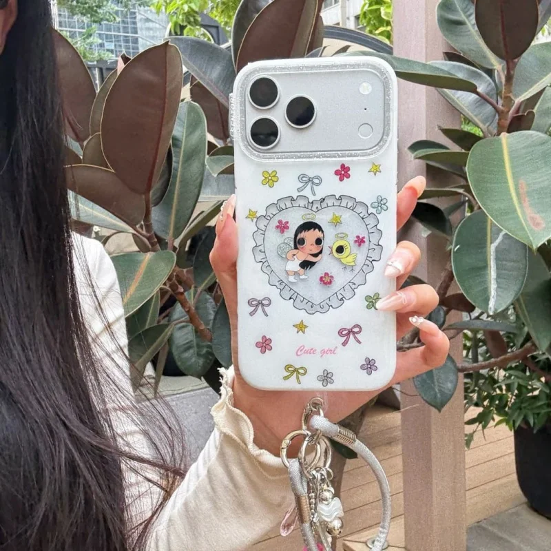 

Fashion Love Heart Bowknot Cute Girl Phone Case For iPhone 17 Pro 16 15 Pro Max Cover with Pendant Hand Rope Cartoon Protective