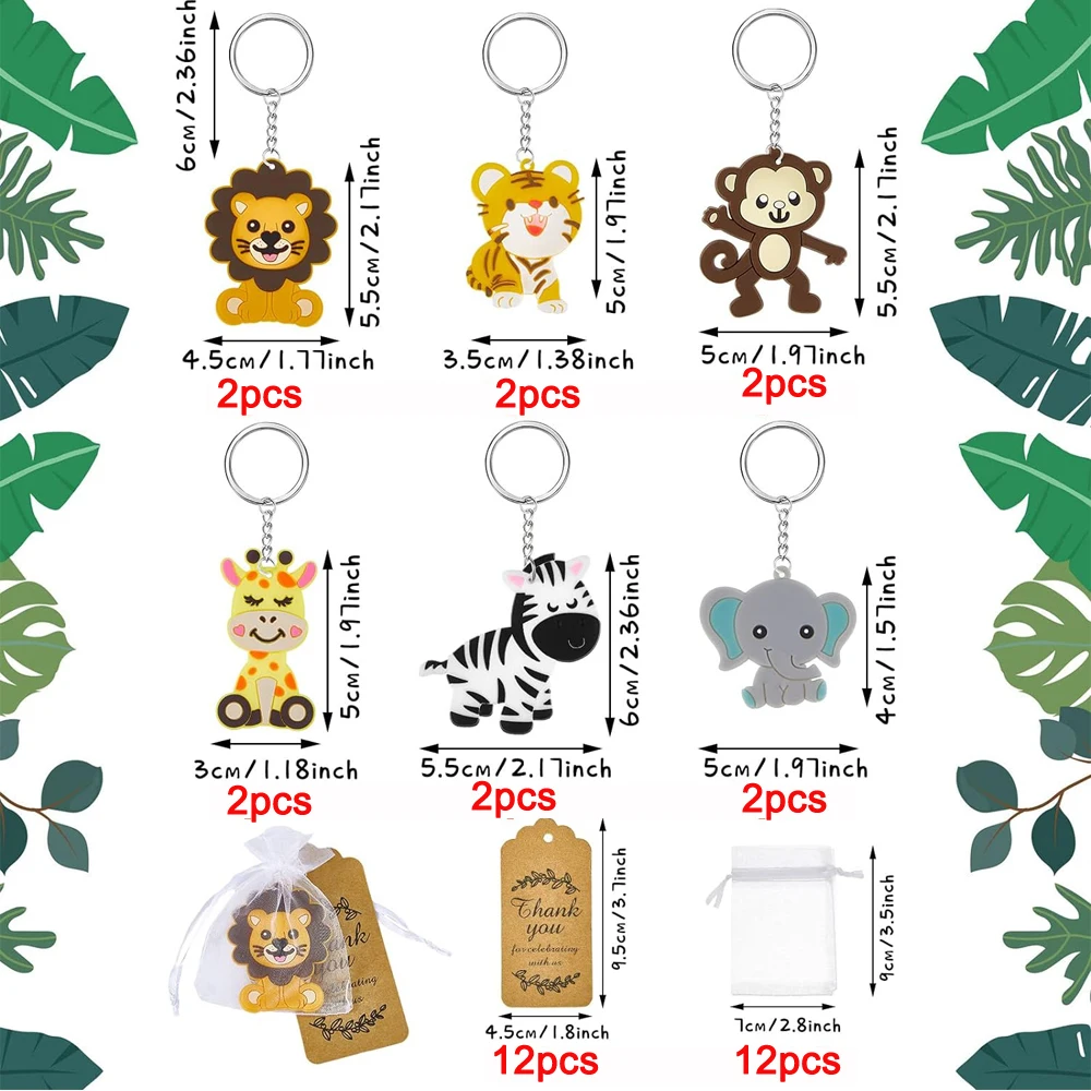 12 sets animal keychain party gifts with thank-you kraft paper labels organza bags  baby showers and birthday party decorations