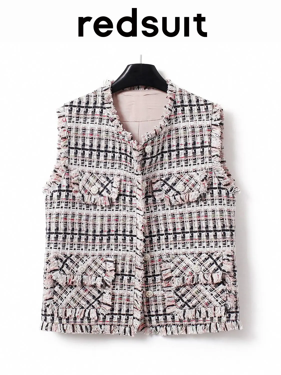 New Pink checkered woven tassel fringed loose vest slimming top Custom size