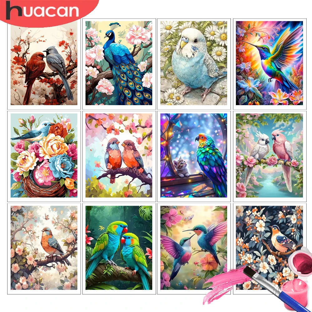 HUACAN Malen nach Zahlen für Erwachsene, Vogel, Tier, Blume, Papagei, Neujahrsgeschenke, Wandkunst, Malen auf Leinwand, Heimdekoration, DIY-Sets