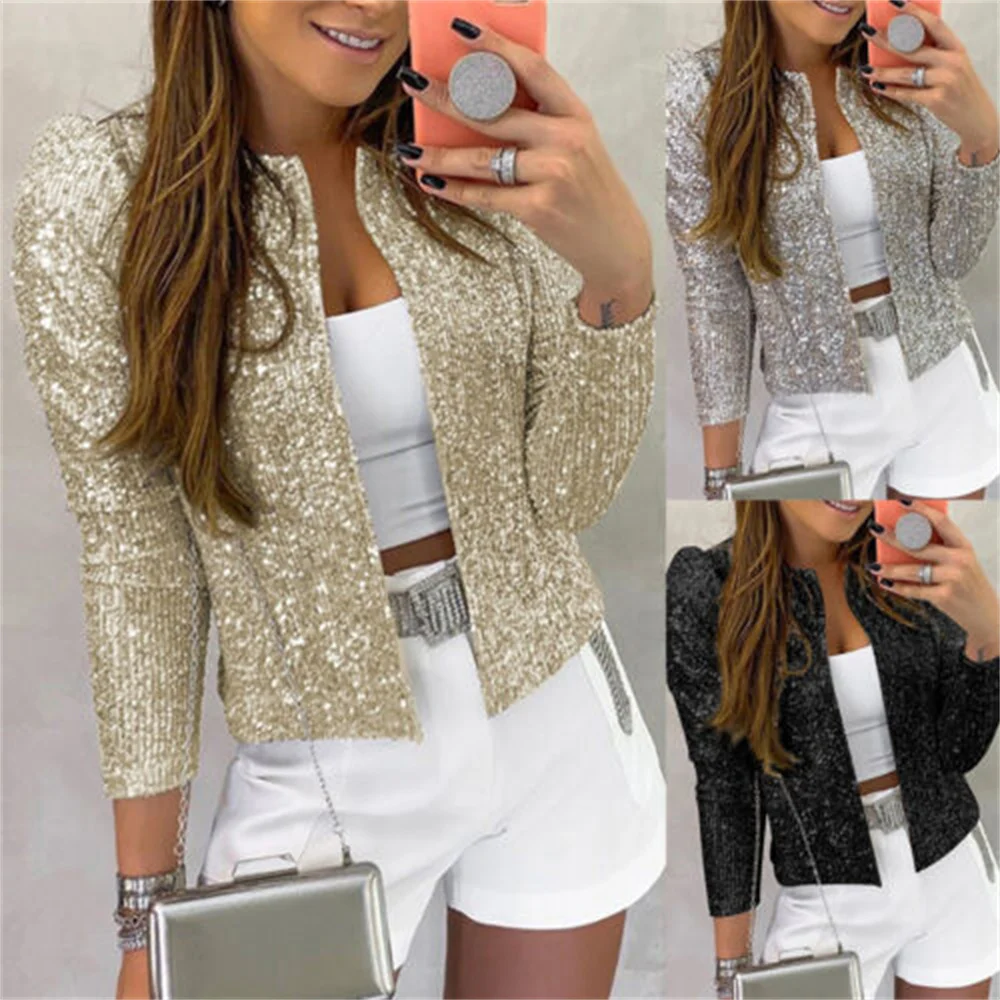 Moda donna giacche di paillettes Chic top Sparkly Glitter Shinny cappotti manica lunga Outwear Office Ladies Cardigan Streetwear