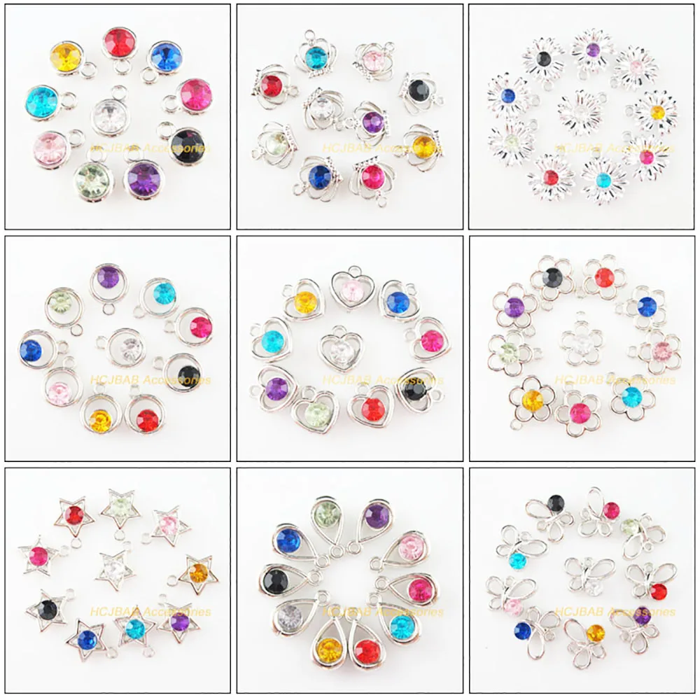30Pcs New Flower Heart Round Crown Teardrop Animal Butterfly Acrylic Plastic Dull Silver Plated Pendants For Gifts Jewelry