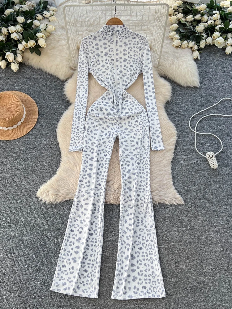 

Foamlina Leopard Print Slim Jumpsuit for Women New Long Sleeve Zipper Up Stand Collar Flare Pants Overalls Autumn Winter Outfit