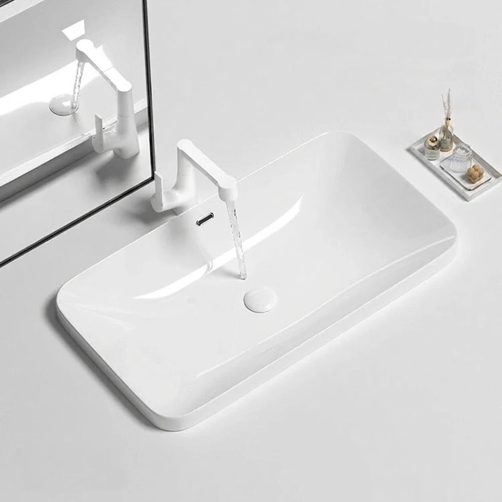 Rectangular Semi Recessed Ceramic Wash Basin Bathroom Countertop Sink Home Balcony Hand Basin