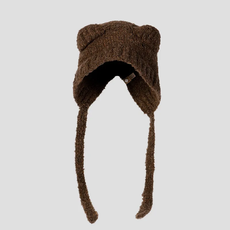 Cute Ear Strap Laurie Beanies Hat Women Winter Warm Soft Glutinous Circle Yarn Knitted Woolen Hat Student Versatile Hat